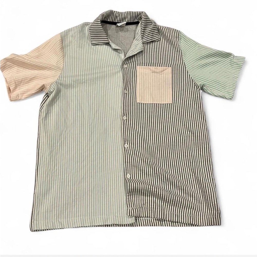 Zara Men's Striped Color Blocked Button Down Short Sleeve T Shirt